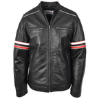 Mens Real Leather Biker Style Jacket Cafe Racer Multi Stripes Boxer Black
