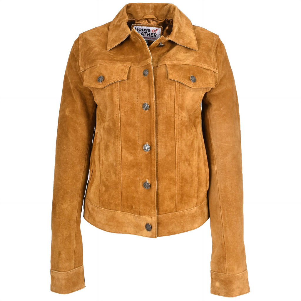 Womens Soft Suede Trucker Style Jacket Alma Tan