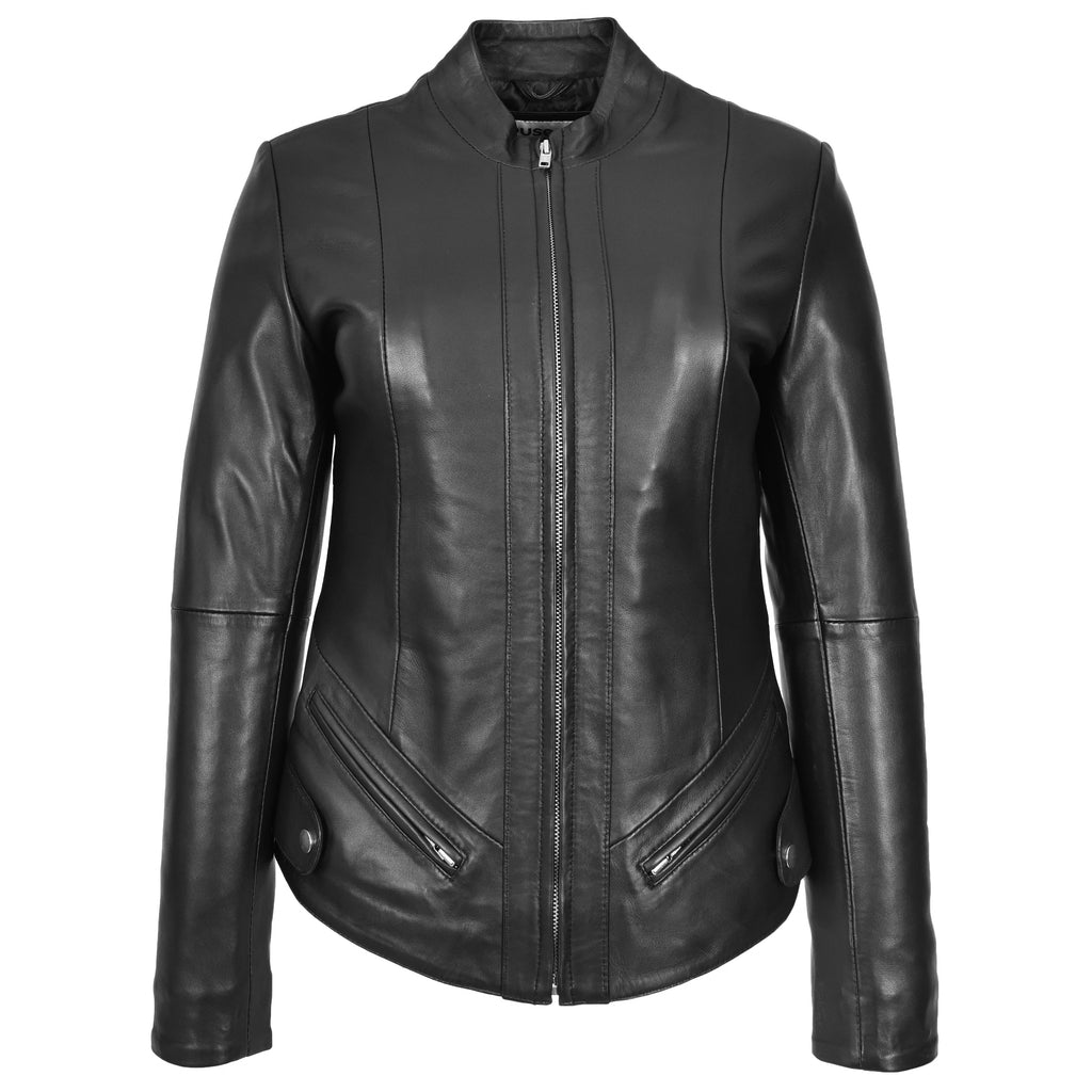 Womens Real Leather Slim Fit Biker Standing Collar Style Jacket Nibi Black