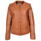 Womens Real Leather Collarless Fashion Jacket Slim Fit Style Clara Tan