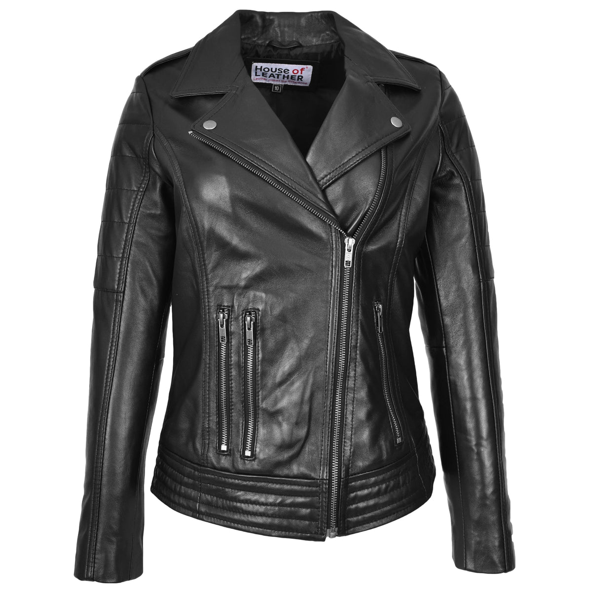 Womens Real Leather Biker Jacket Cross Zip Style Pam Black