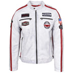 Mens Leather Biker Jacket Motorsport Logos Bobby Vintage White