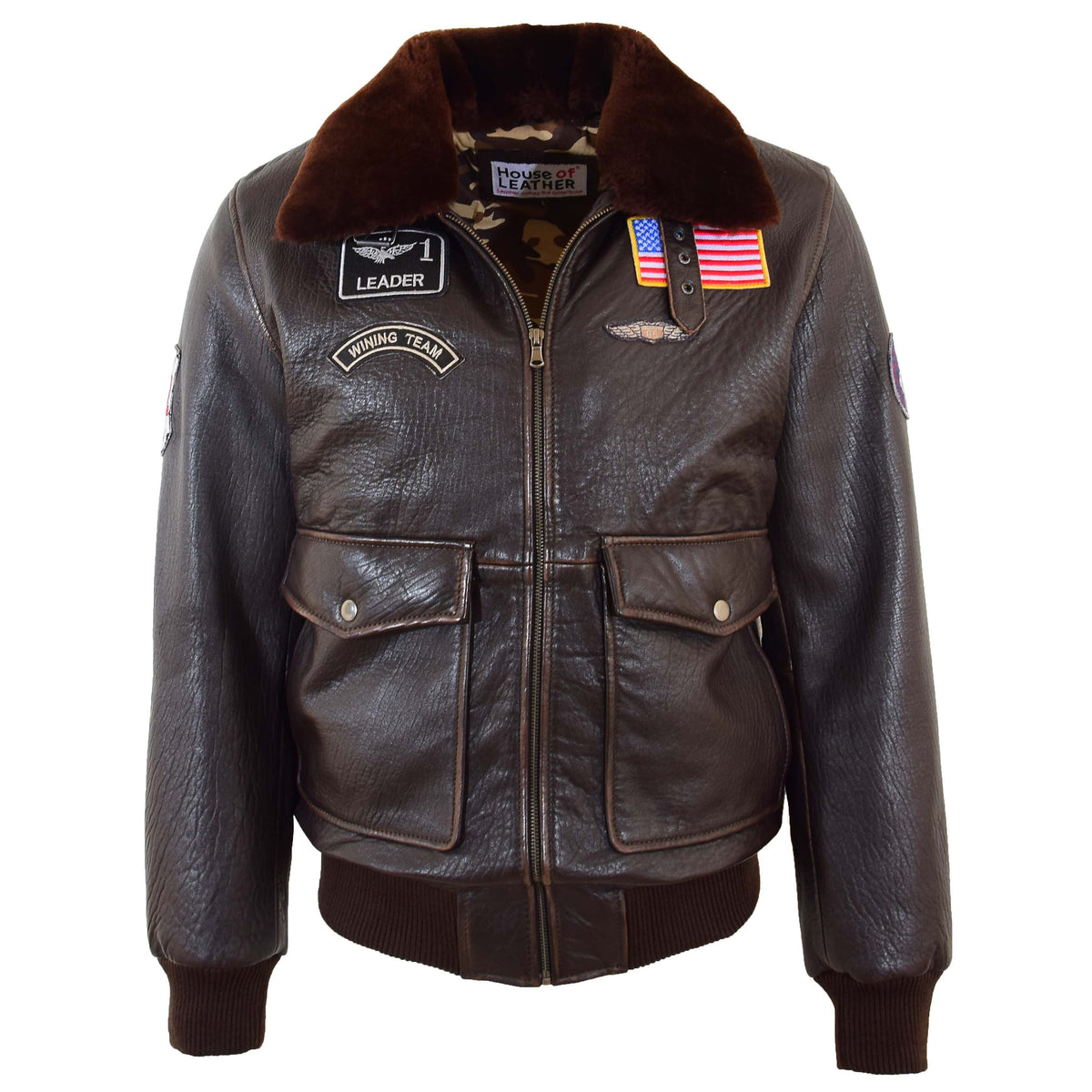 Mens Real Leather G-1 Bomber Jacket Airforce Badges Finch Brown
