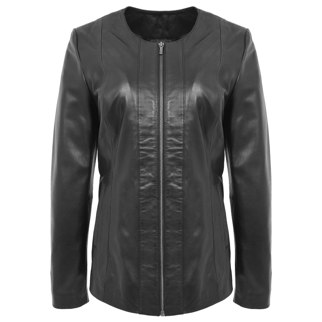 Womens Classic Soft Leather Collarless Jacket Jade Black