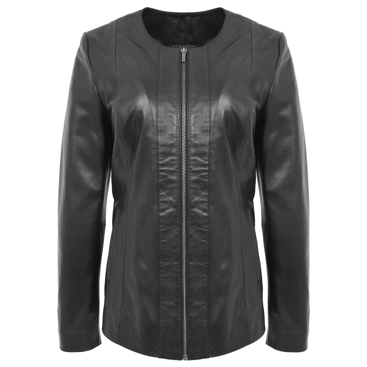 Womens Classic Soft Leather Collarless Jacket Jade Black