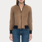 Tan Suede Bomber Jacket with Black Rib Knit Collar & Cuffs