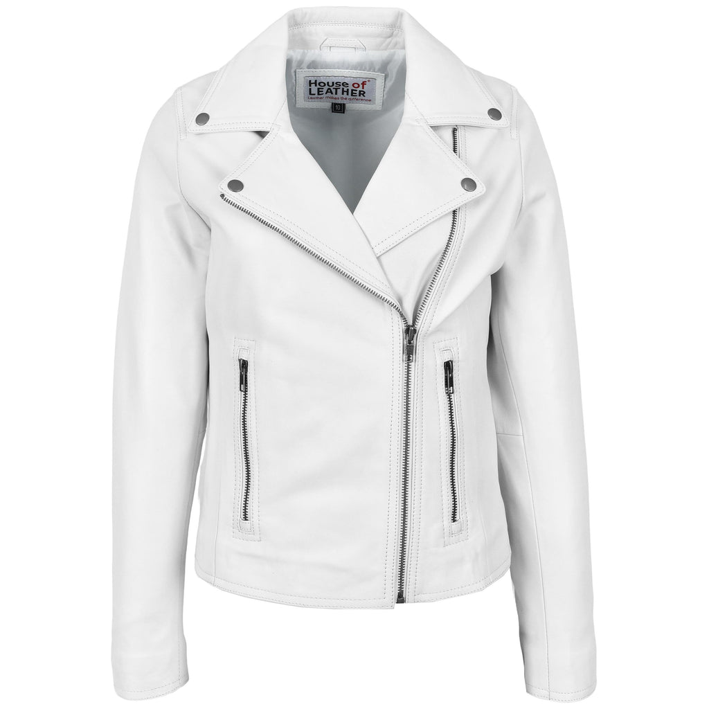 Womens Soft Leather Cross Zip Biker Jacket Lola White