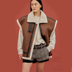 Brown Women Sheepskin Shearling Aviator Leather Vest
