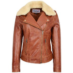 Womens Leather Biker Jacket with Detachable Collar Lauren Chestnut