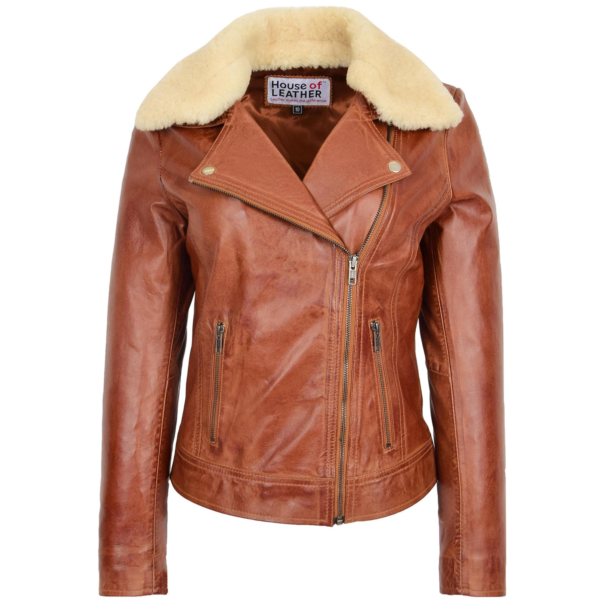 Womens Leather Biker Jacket with Detachable Collar Lauren Chestnut