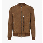 Mens Brown Suede Real Leather Bomber Jacket