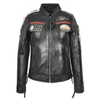 Ladies Leather Cafe Racer Biker Jacket Motorcycle Badges Rosa Black
