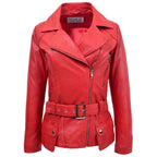 Womens Leather Hip Length Biker Jacket Celia Red