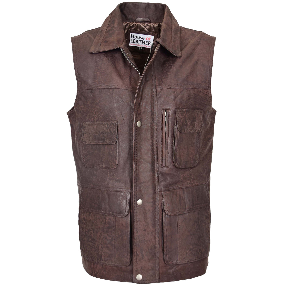 Mens Leather Multi Purpose Gilet Roger Brown