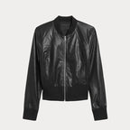 Women Cropped Ribbed Cuff Black Bomber Jacket