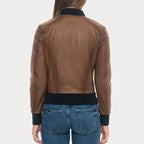 Sugar Brown Lambskin Soft  Leather Bomber Jacket