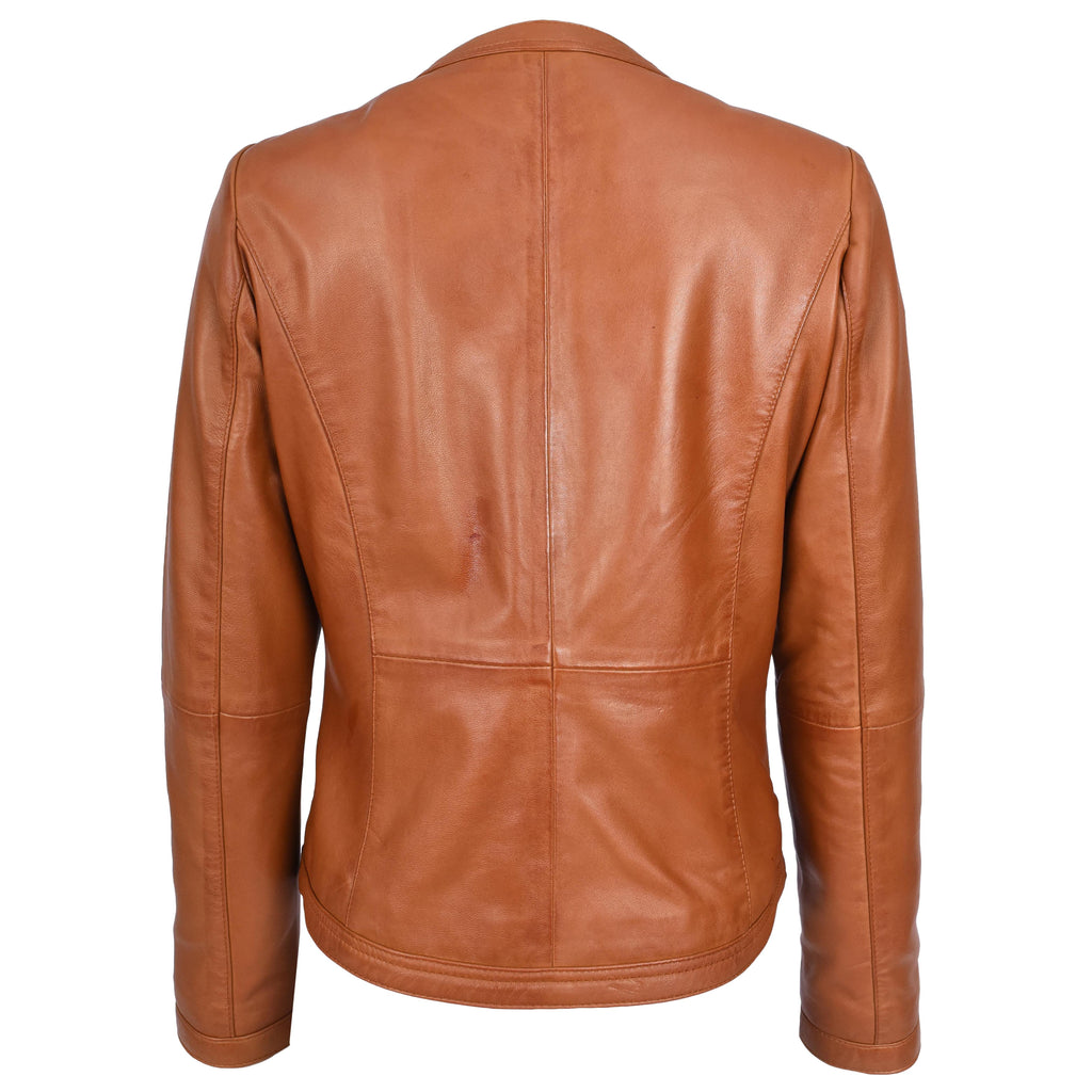Womens Real Leather Collarless Fashion Jacket Slim Fit Style Clara Tan