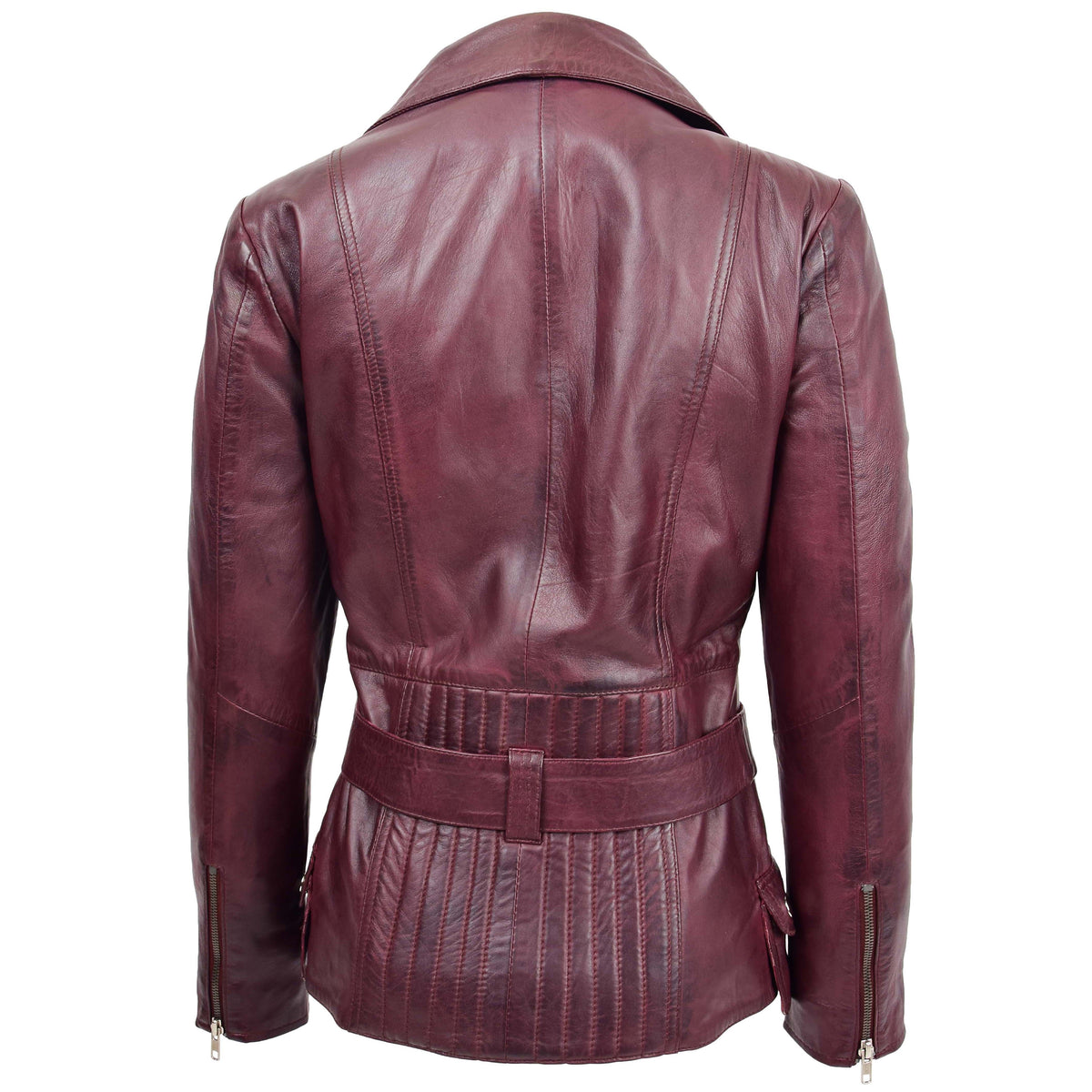 Womens Leather Hip Length Biker Jacket Celia Burgundy