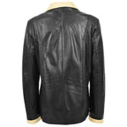 Womens Leather Classic Button Box Jacket Amber Black Beige