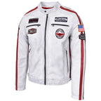 Mens Leather Biker Jacket Motorsport Logos Bobby Vintage White