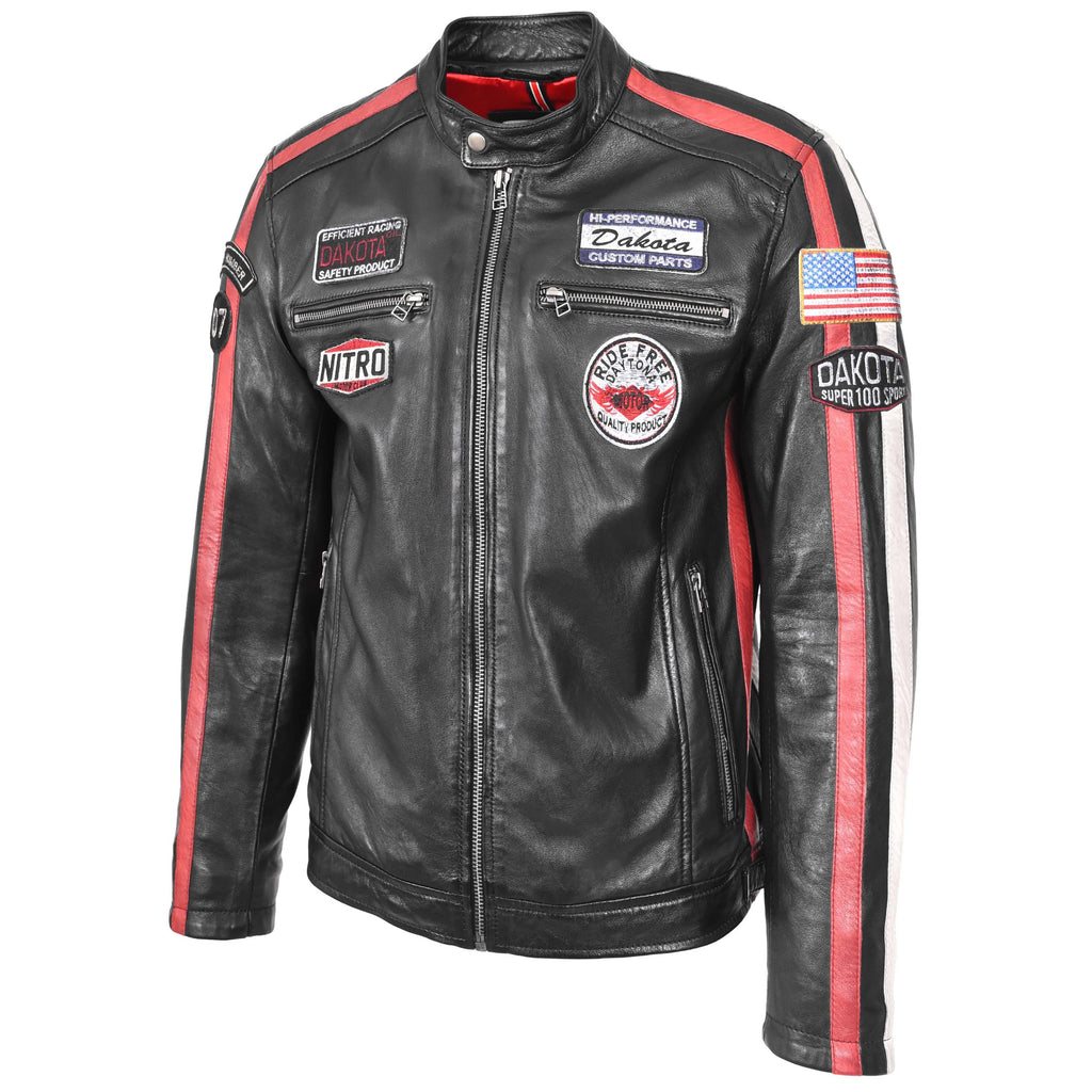Mens Leather Biker Jacket Motorsport Logos Bobby Black