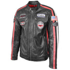 Mens Leather Biker Jacket Motorsport Logos Bobby Black