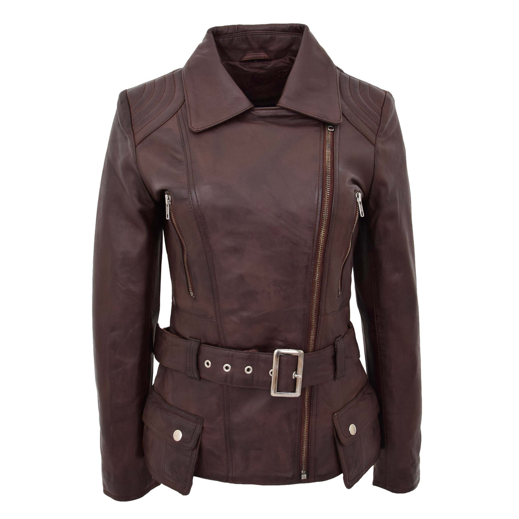 Womens Leather Hip Length Biker Jacket Celia Brown