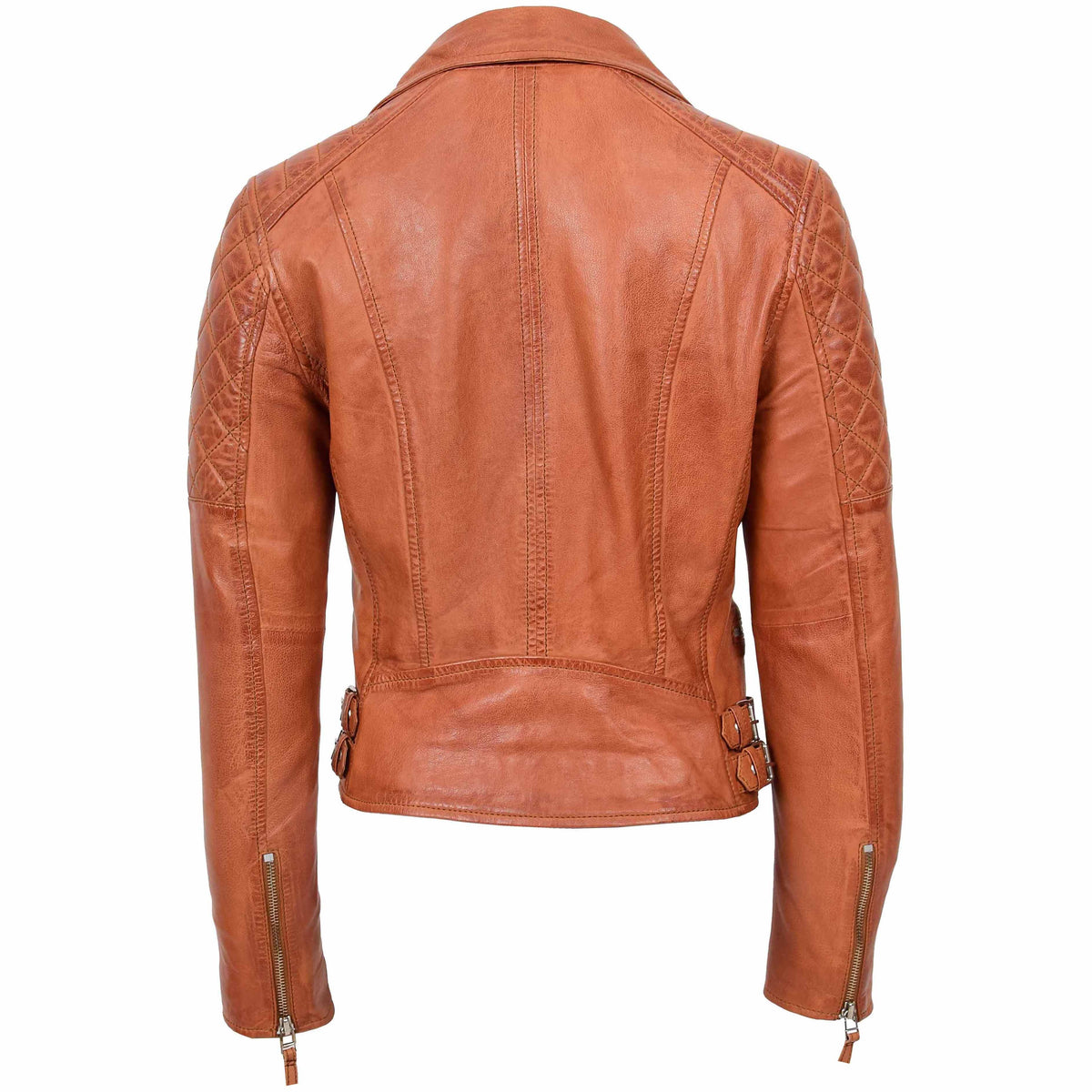 Womens Cross Zip Biker Leather Jacket Claudia Cognac