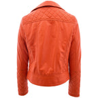 Womens Leather Biker Jacket with Quilt Detail Ziva Orange