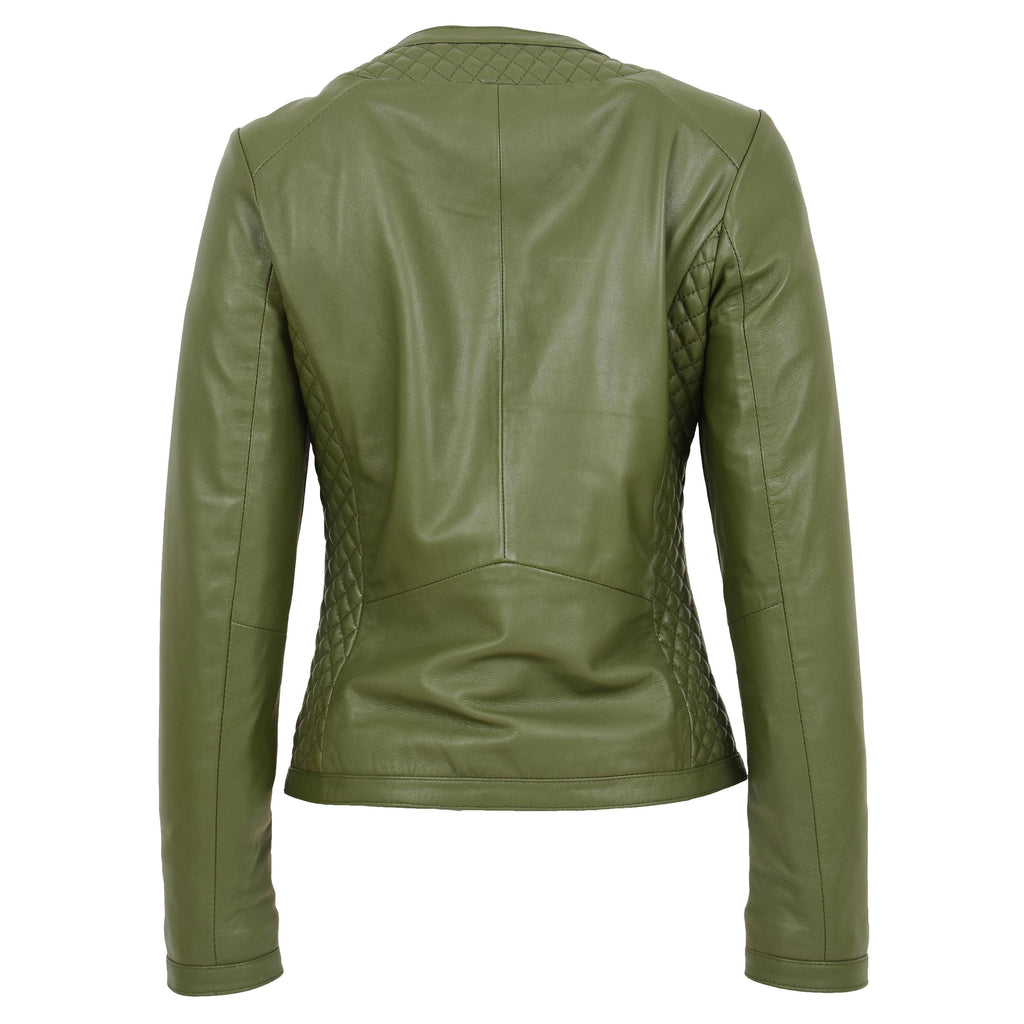 Womens Leather Collarless Jacket with Quilt Design Joan Olive Green