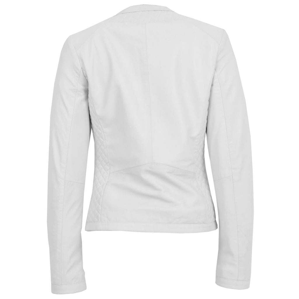 Womens Leather Collarless Jacket with Quilt Design Joan White