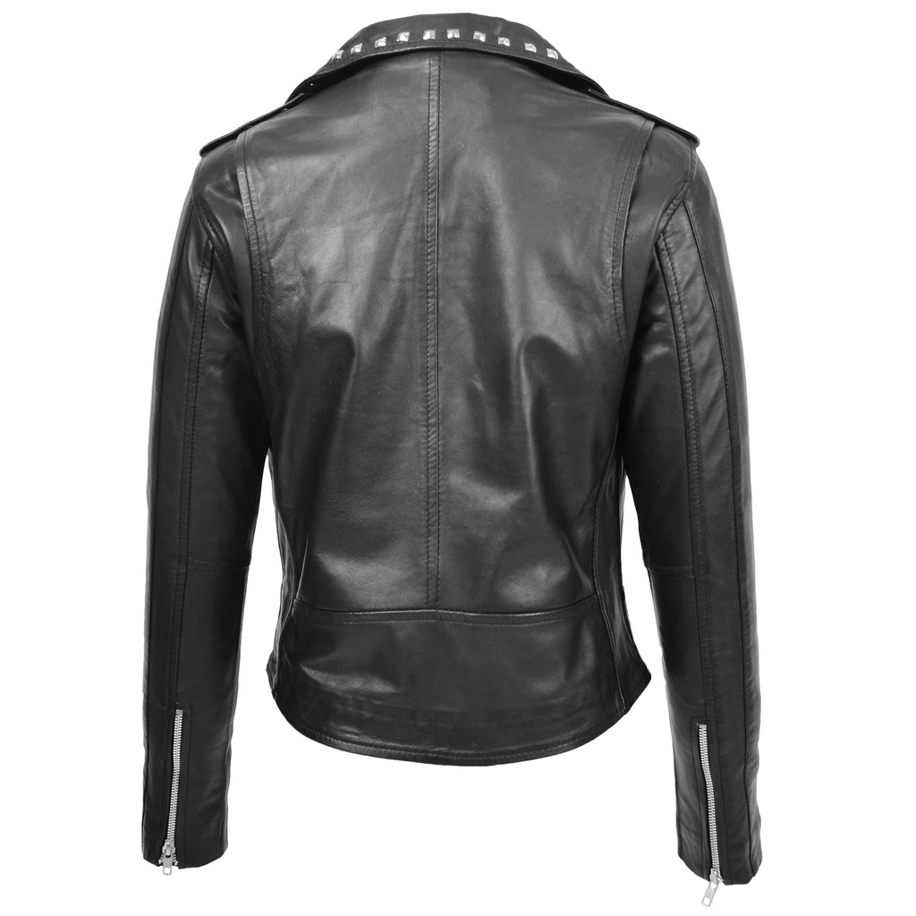 Womens Leather Studded Brando Style Jacket Salma Black