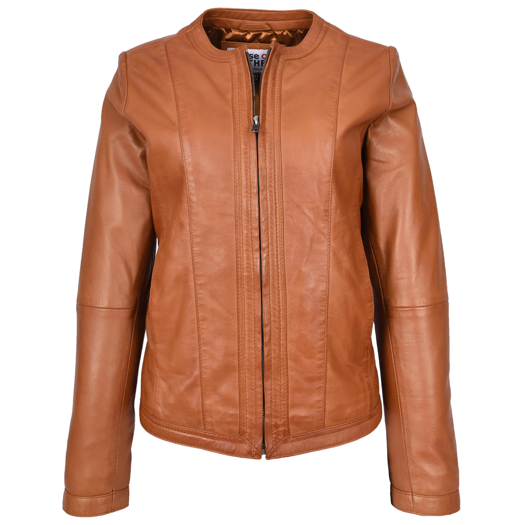 Womens Real Leather Collarless Fashion Jacket Slim Fit Style Clara Tan