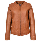 Womens Real Leather Collarless Fashion Jacket Slim Fit Style Clara Tan