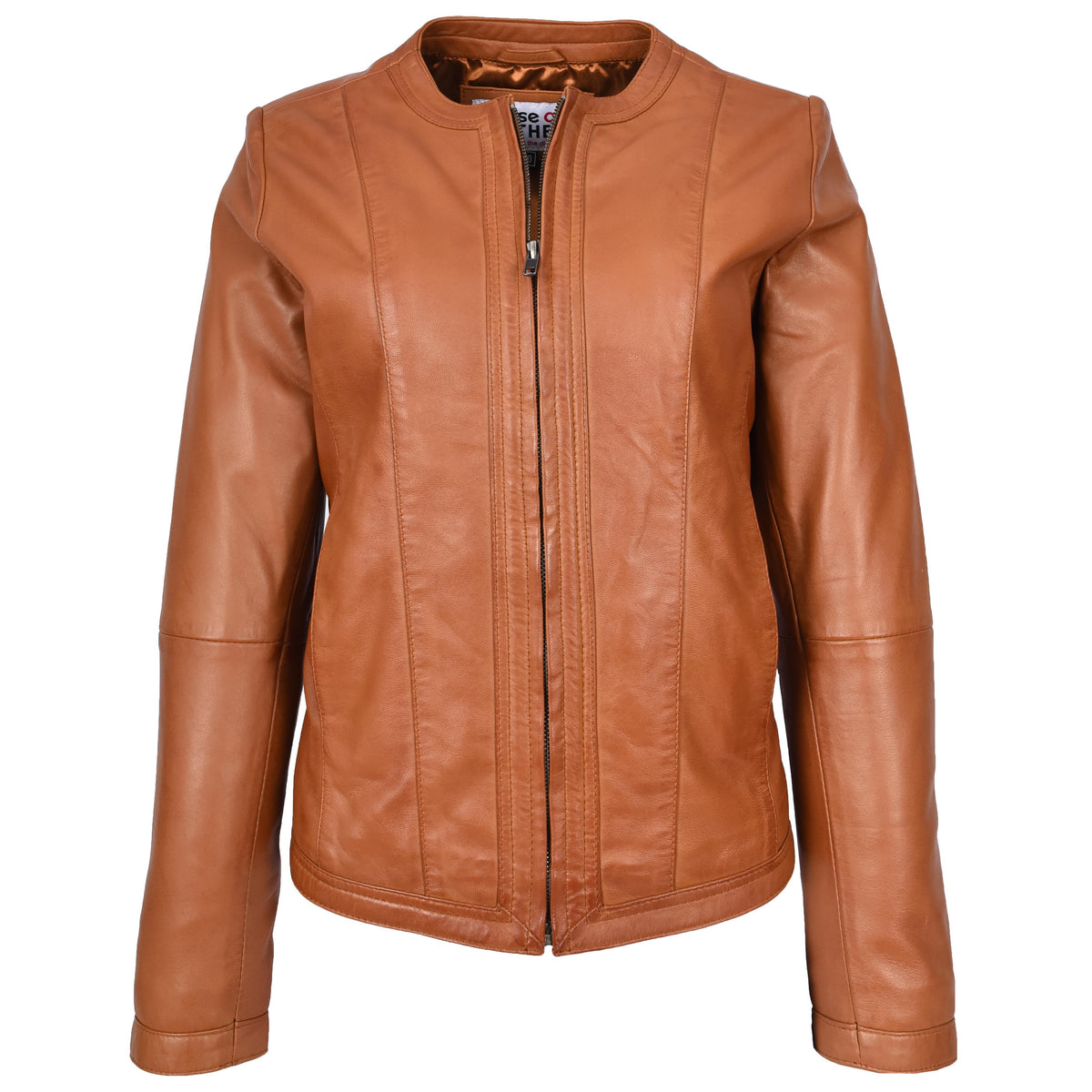 Womens Real Leather Collarless Fashion Jacket Slim Fit Style Clara Tan