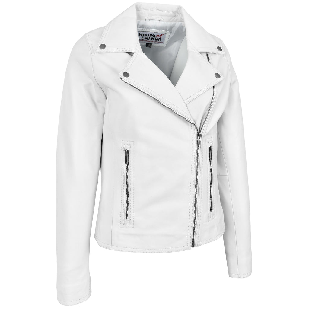 Womens Soft Leather Cross Zip Biker Jacket Lola White