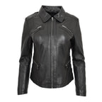 Womens Classic Leather Biker Zip Box Jacket Nova Black