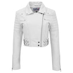 Womens Leather Cropped Biker Style Jacket Demi White