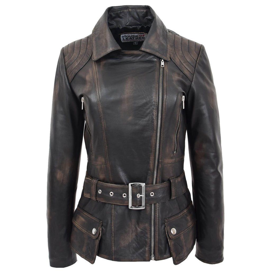 Womens Leather Hip Length Biker Jacket Celia Rub Off