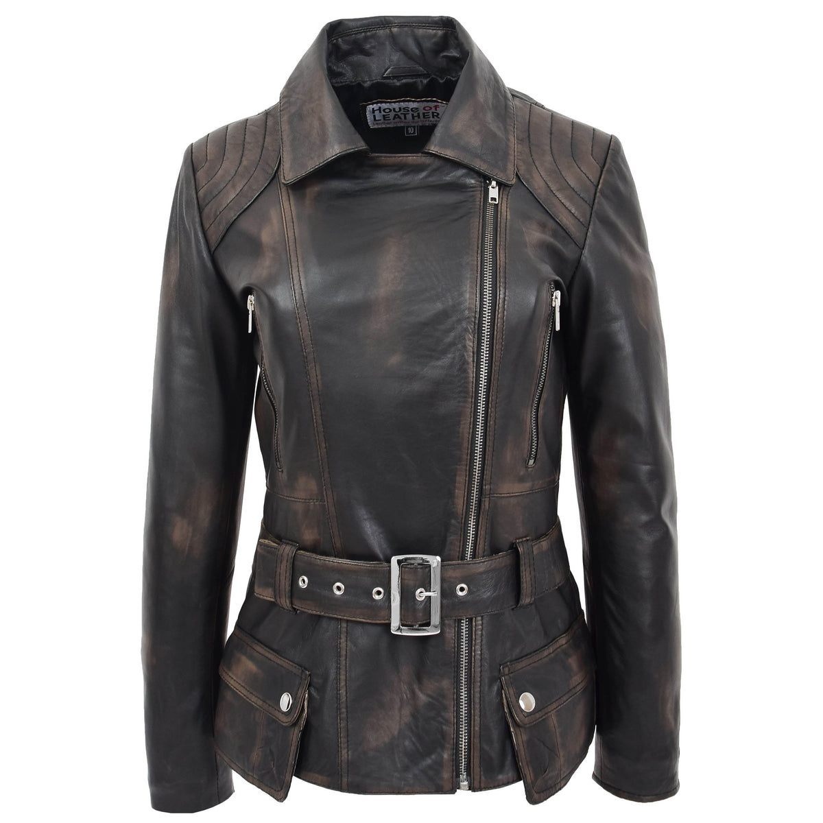 Womens Leather Hip Length Biker Jacket Celia Rub Off