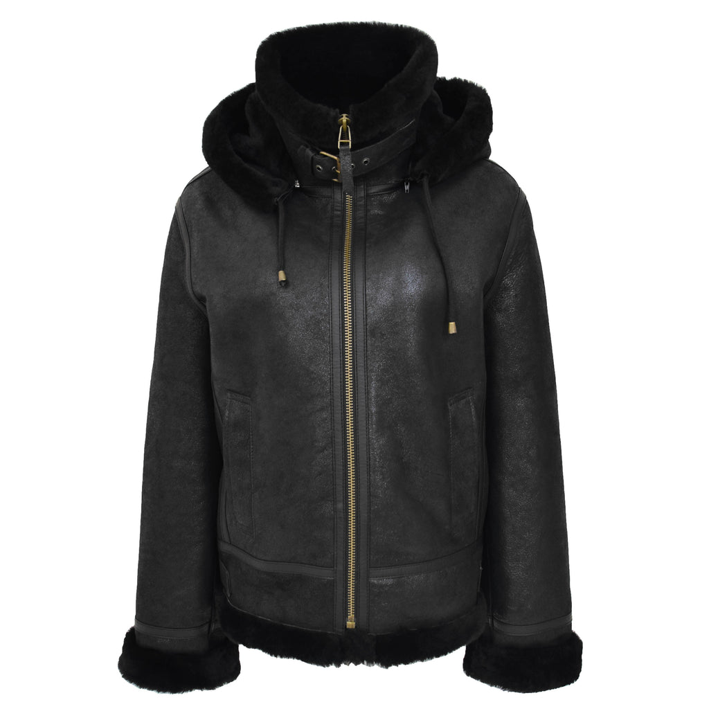 Womens Sheepskin B3 Detachable Hoodie Jacket Naomi Black