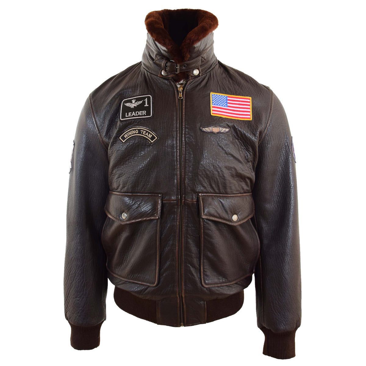 Mens Real Leather G-1 Bomber Jacket Airforce Badges Finch Brown