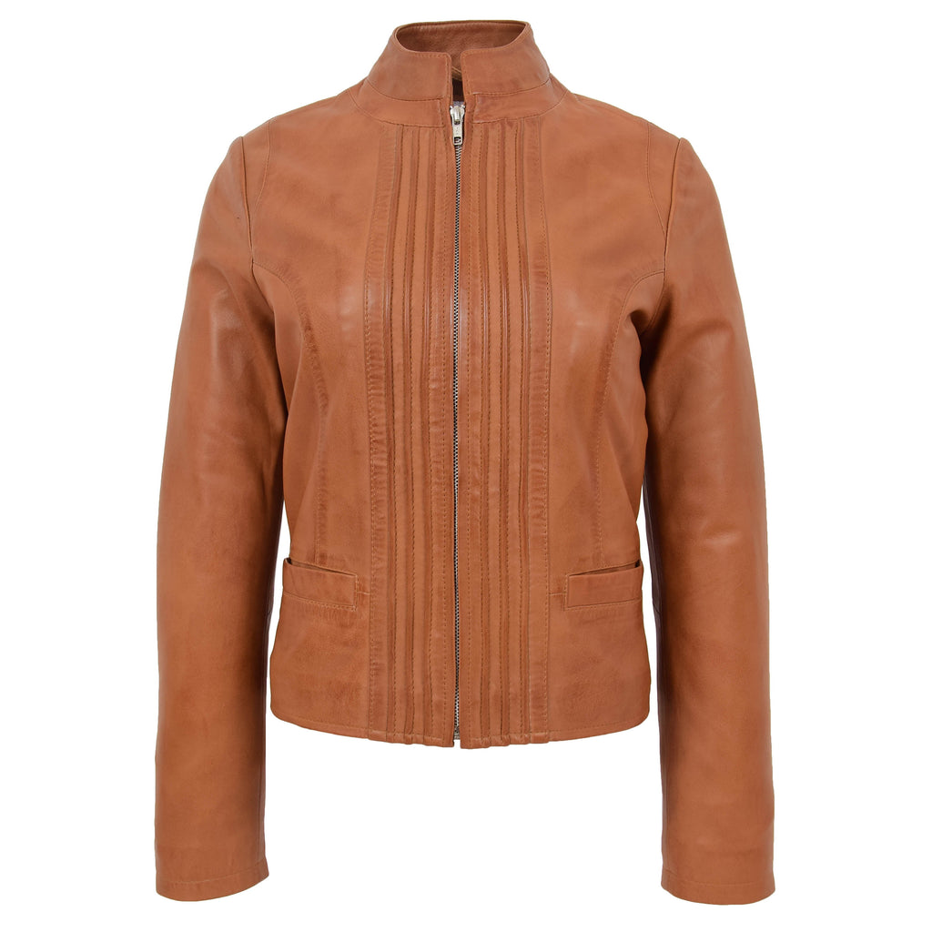 Womens Leather Casual Standing Collar Jacket Ivy Tan