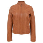 Womens Leather Casual Standing Collar Jacket Ivy Tan