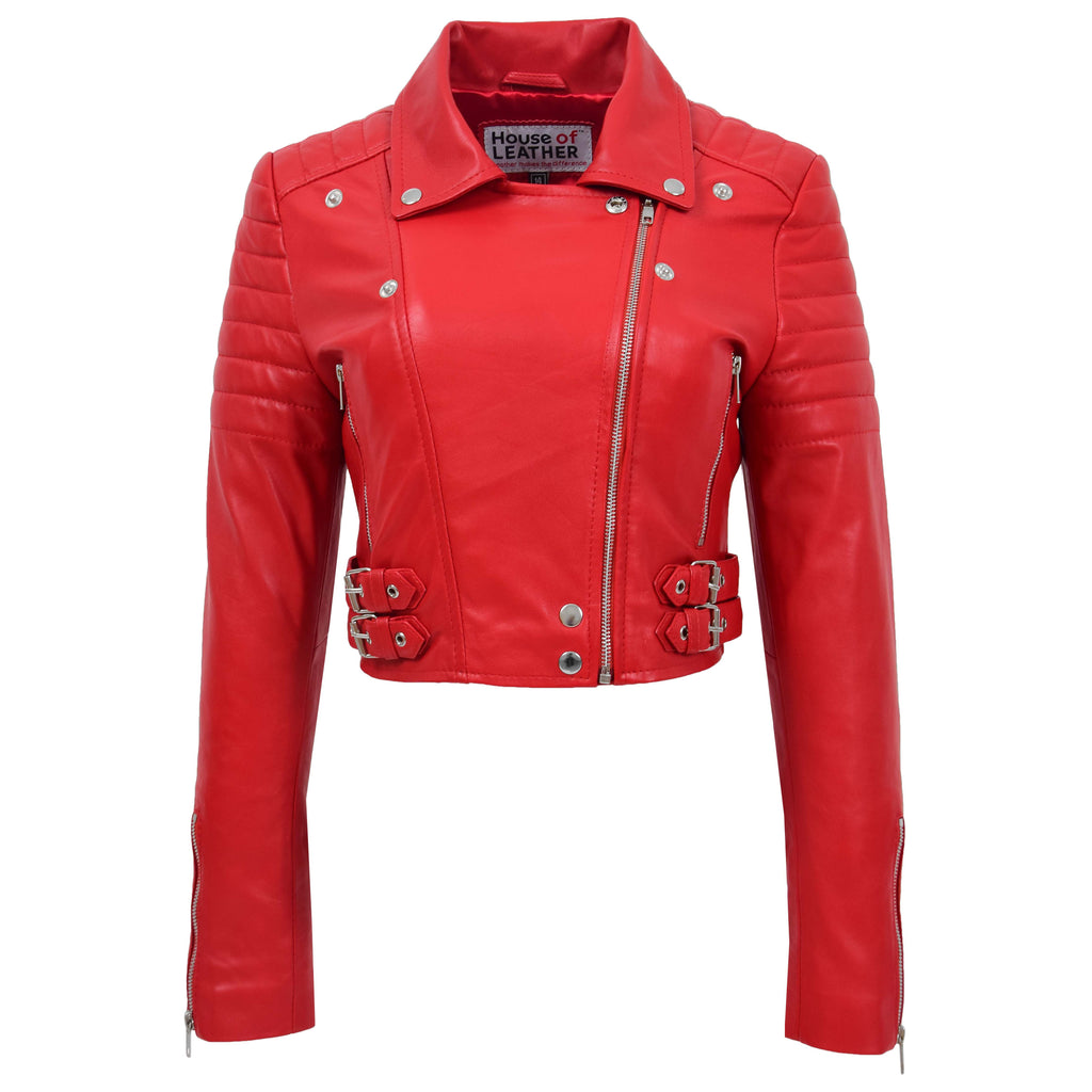 Womens Leather Cropped Biker Style Jacket Demi Red