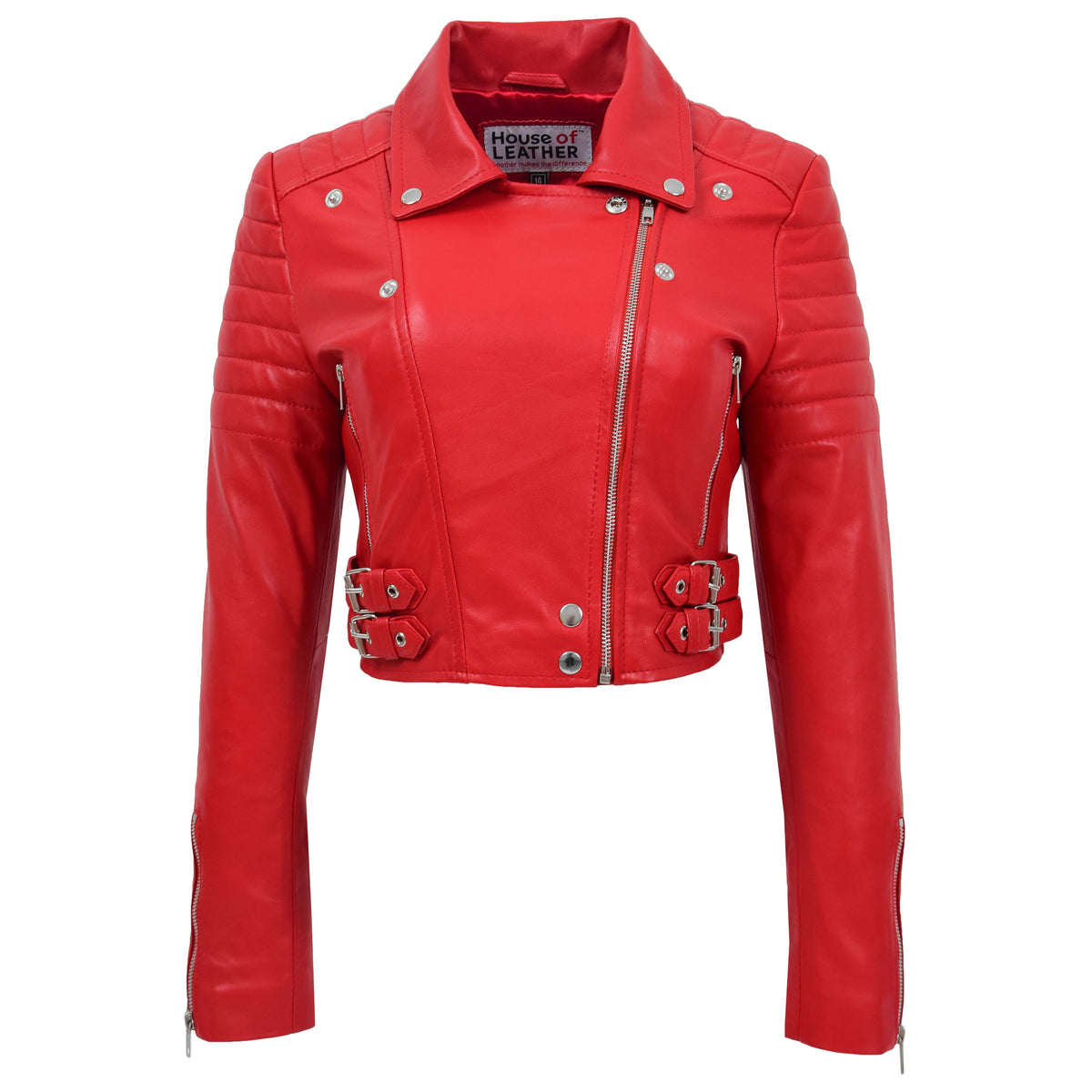 Womens Leather Cropped Biker Style Jacket Demi Red
