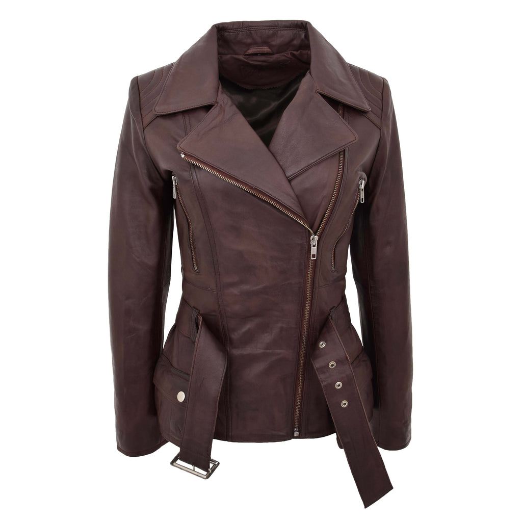 Womens Leather Hip Length Biker Jacket Celia Brown