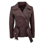 Womens Leather Hip Length Biker Jacket Celia Brown