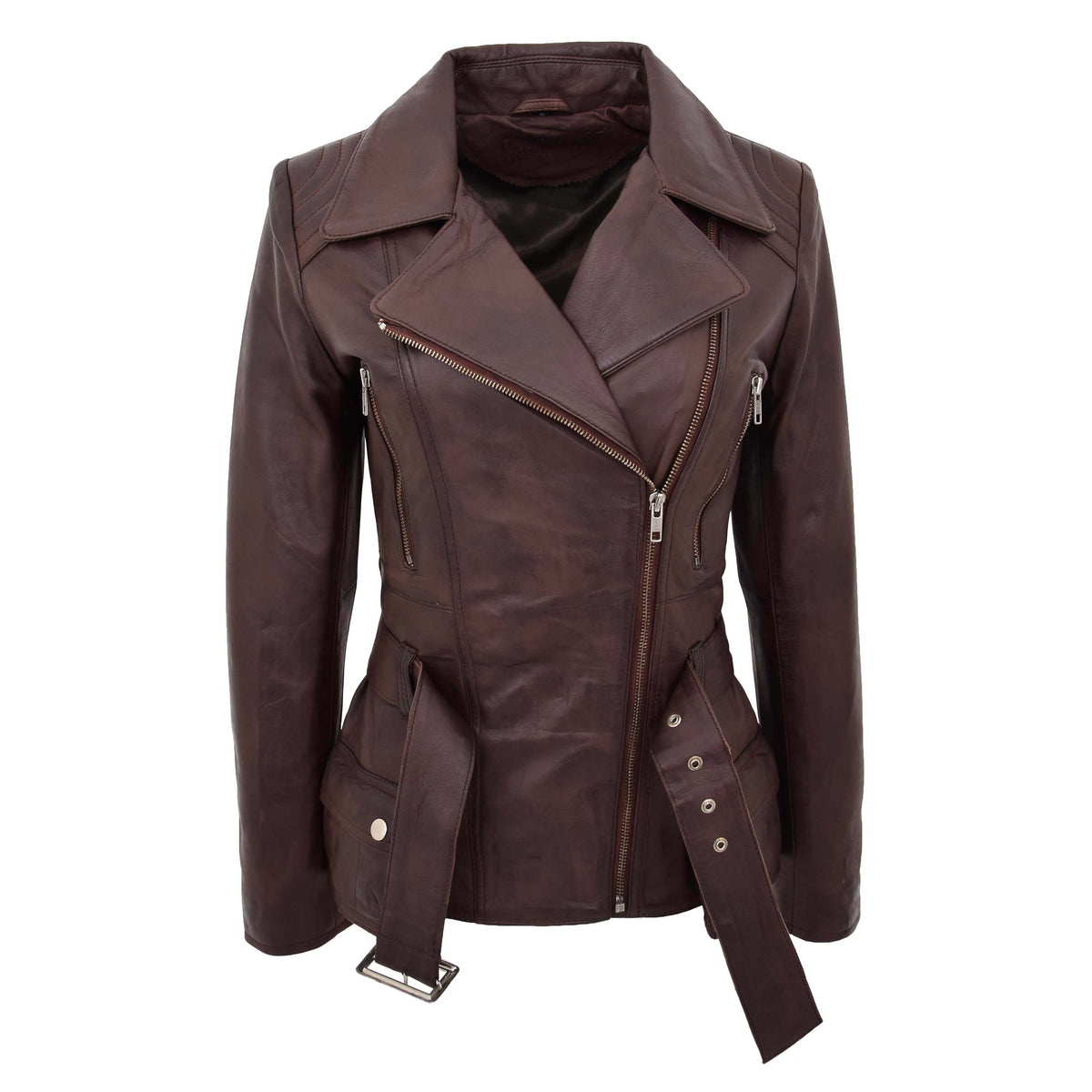 Womens Leather Hip Length Biker Jacket Celia Brown