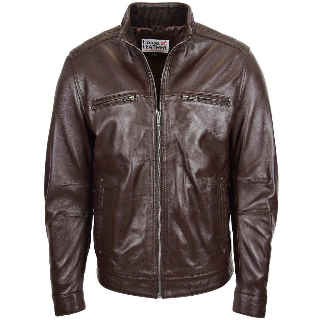 Men's Standing Collar Leather Jacket Tony Brown